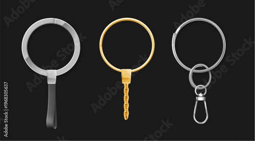 Silver, gold metal keychains set isolated on black background. Vector realistic illustration of steel key accessory with chain and clasp, car or house key holder, round ring and decorative keychain