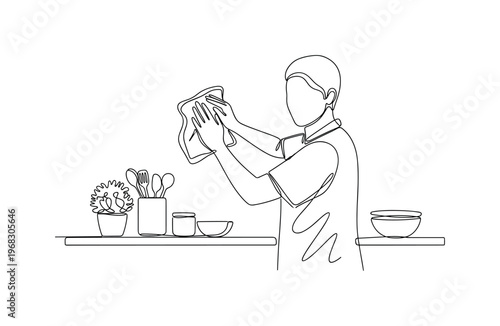 Tidy Kitchen Counter. Minimalistic one-line drawing person wiping and organizing countertop, continuous single black line on white background, simple outline