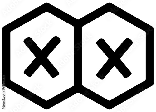 Minimalist black outline icon representing two adjacent hexagonal shapes each containing a bold black 'x' mark symbolizing negation deletion cancellation prohibition