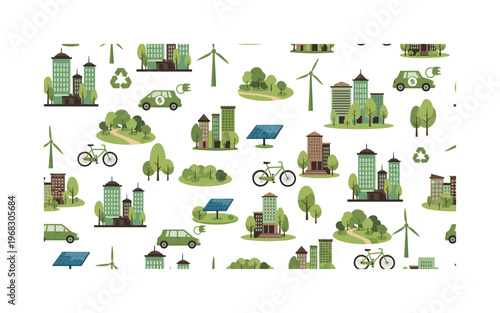 sustainable urban motifs seamless pattern, repeating pattern, surface design, textile print, modern illustration of green cities, eco-buildings, solar panels,