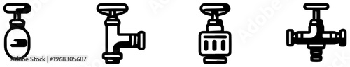 Collection of four minimalist black and white line art icons representing various types of valves and faucets suitable for plumbing industry or water supply concepts