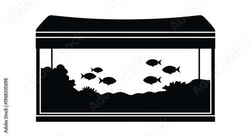Aquarium scene with fish and plants depicted in black silhouette