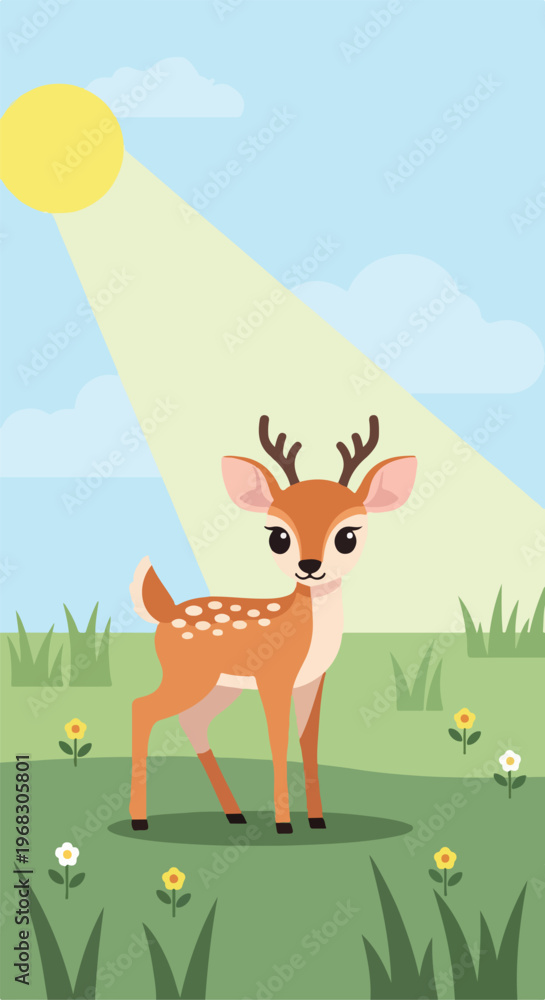 Fototapeta premium A cute cartoon deer standing in a sunny meadow filled with small colorful flowers