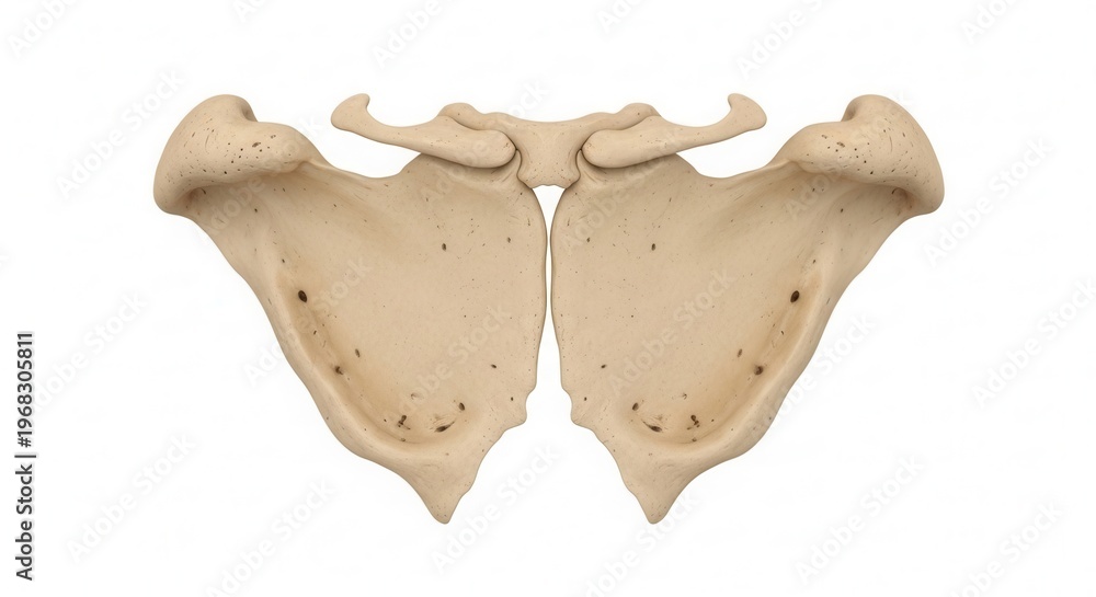 Fototapeta premium Detailed posterior view of two human scapulae, showcasing the anatomical structure of the shoulder blades on a white background.