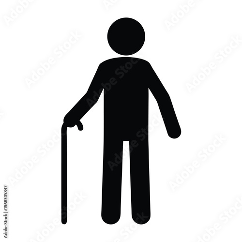 Black silhouette of an elderly man using a walking cane for support