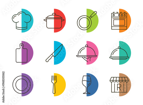 Collection of kitchen and restaurant icons with colorful semicircles