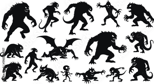 Black monster silhouette vector set featuring scary fantasy creatures demons and beastly characters for gaming and halloween design projects, 15 to 20 words.Black monster silhouette vector set featuri