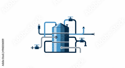 Abstract depiction of a complex industrial fluid processing system with pipes and valves