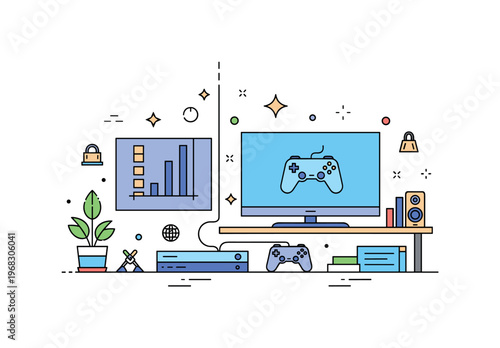Gaming room setups console corner scene where a TV, console, and controllers are arranged while small sparkle and line icons emphasize organization,
