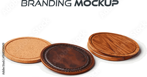 Create a realistic kinds of deferent Blank brown round beer coasters. Mockup template for branding . 3d rendering vector art with white background..