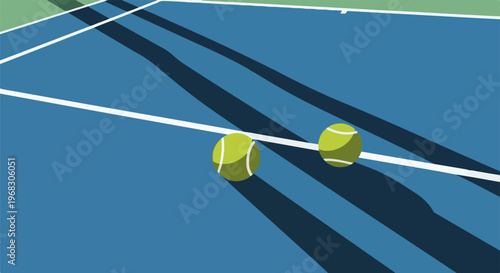Two tennis balls rest on a blue court with green outer edge and dark shadows