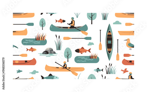 outdoor paddling motifs seamless pattern, repeating pattern, surface design, textile print, modern illustration of canoes, kayaks, paddles, rivers, lakes,