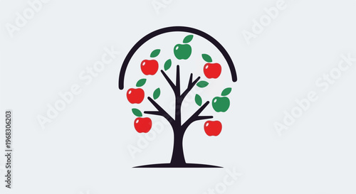 A stylized tree with red and green apples and leaves, framed by an arch