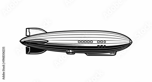 A stylized illustration of a zeppelin airship in profile, against a white background