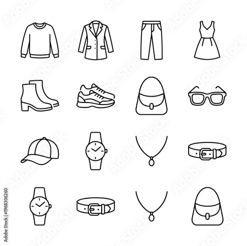 Collection of fashion icons representing clothing and accessories for stylish outfits