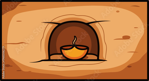 A stylized depiction of a diya, an oil lamp, placed in a stone alcove