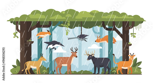 Diverse group of wild animals seeking shelter from rain.