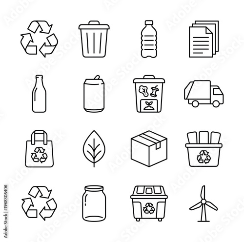 Collection of recycling and waste management icons for environmental awareness