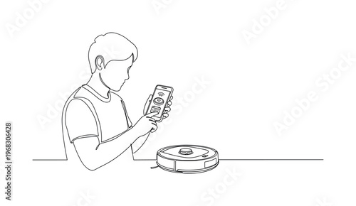 Home Cleaning Tech. Minimalistic one-line drawing person using app to schedule robot vacuum, continuous single black line on white background, simple outline