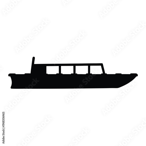Black silhouette of a riverboat with multiple windows, isolated on white