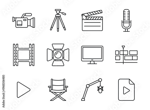 Collection of film and video production icons in a clean, modern line art style
