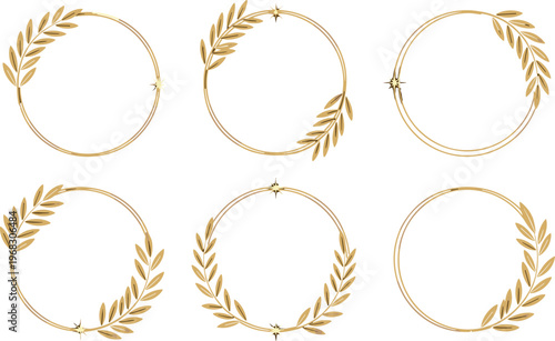 Golden laurel wreath set, elegant award frame, luxury leaf ring, decorative emblem, prestige symbol, achievement icon, branding graphic, invitation design