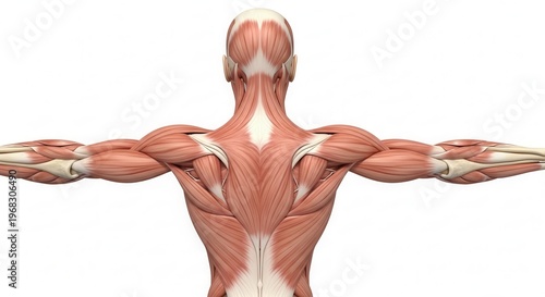 Detailed anatomical view of the human back muscles and upper body, isolated on a white background, showing the posterior muscular system.