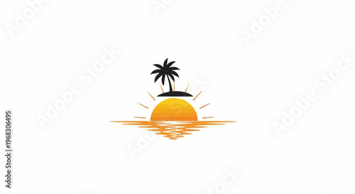 A silhouetted palm tree sits atop a small island with a setting sun reflecting on water