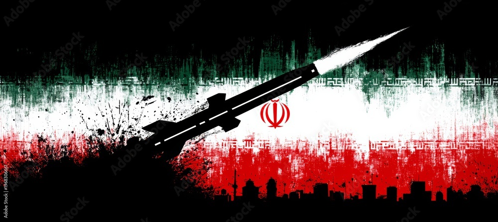 Naklejka premium Missile rocket with Iran flag background. Generative AI technology.