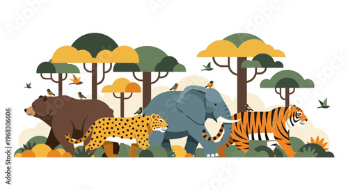 Diverse Wildlife Animals in Natural Habitat Illustration.