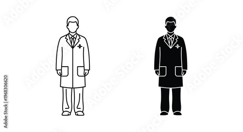 Two depictions of a doctor in a lab coat a contrasting silhouette