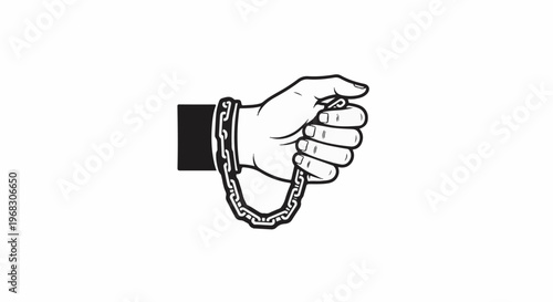 A hand, shackled at the wrist with a chain, is clenched in a fist