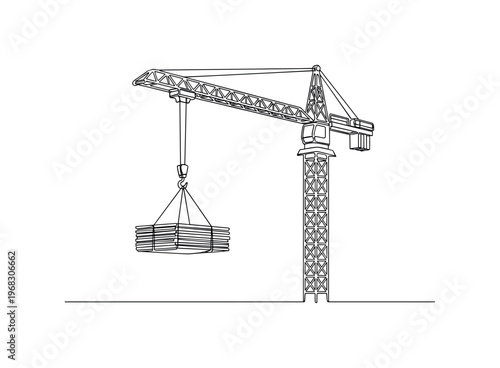 Construction Lift. Minimalistic one-line drawing crane raising construction materials vertically, continuous single black line on white background, simple