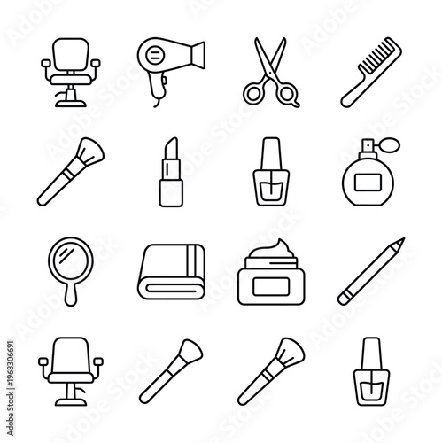 Collection of beauty and salon icons for professional grooming and makeup application