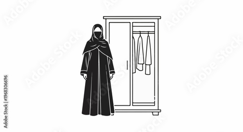A figure in a black hijab and abaya stands beside an open wardrobe with clothes