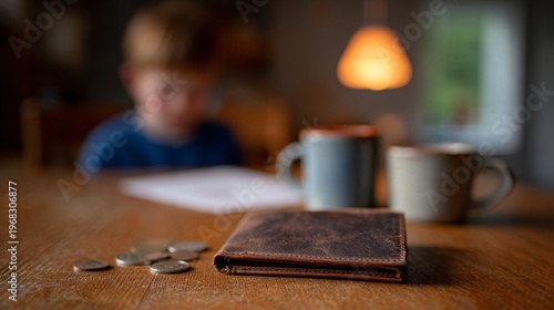 Wallet on table with scattered coins representing financial struggle, family budget challenges, child poverty, debt, and economic hardship during cost of living crisis at home