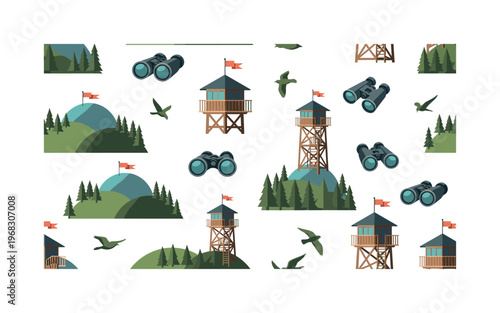 watchtower icons seamless pattern, repeating pattern, surface design, textile print, modern illustration of observation decks, watchtowers, hills, forests,