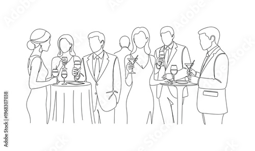 Cocktail Event. Minimalistic one-line drawing people standing with wine and cocktail glasses at elegant social setting, continuous single black line on white