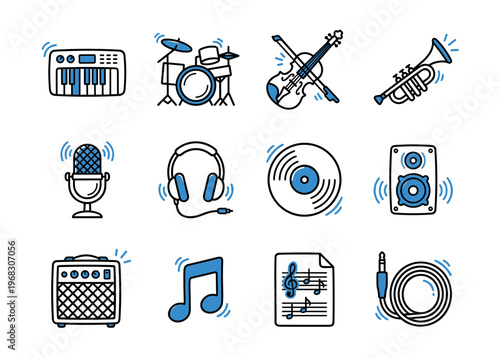Collection of musical instruments and audio equipment icons in a doodle style