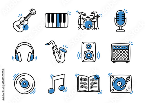 Collection of hand-drawn musical instruments and audio equipment icons