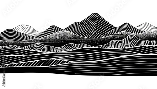 Mountain landscape illustration with black and white lines on white background