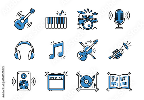 Collection of blue musical instrument and audio icons with sound waves