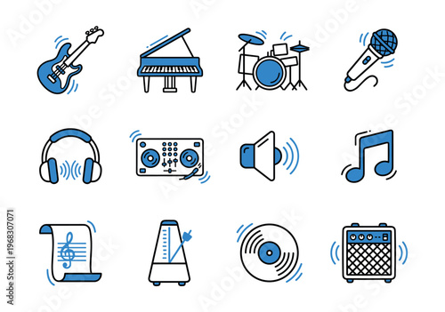 Collection of musical instrument and audio equipment icons in blue and white