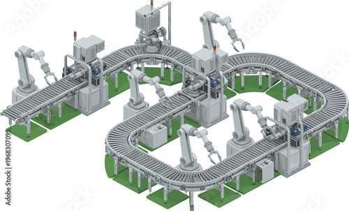 "Automated industrial production line with robotic arms and roller conveyor systems in isometric 3D view for smart factory manufacturing and modern warehouse logistics management"