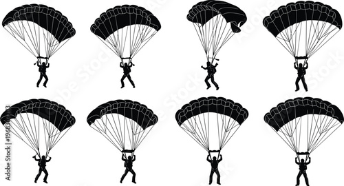 Black Parachute Silhouette Collection Featuring Skydivers Gliding in Various Poses for Extreme Sports Adventure Freedom and Skydiving Concept Isolated on White Background Vector Illustration