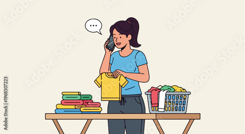 A young woman folds clean clothes while talking on her smartphone by a table