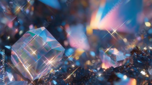 Crystalline quantum encryption key exchange between secure communication nodes shown through prismatic light pathways and mathematical overlays in laboratory environment, ideal for next generation c