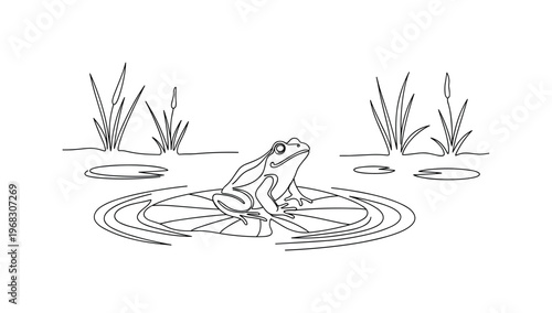 Floating Lily Pad. Minimalistic one-line drawing frog on pad with rippling pond and plants, continuous single black line on white background, simple outline