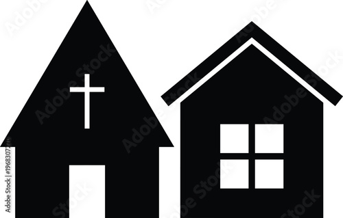 Black Silhouette Icon Set of Church with Christian Cross and Residential House Building Representing Community Religion Faith Family Home Life and Neighborhood Concept
