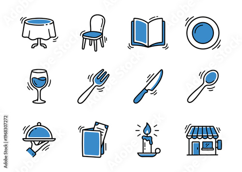 Collection of restaurant and dining icons in a simple, clean doodle style